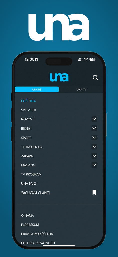 UNA TV - Menu de navegação do aplicativo móvel UNA TV mostrando categorias de notícias, esportes e entretenimento