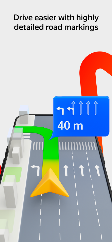 Navegação de direção 3D no Yandex Maps mostrando marcações detalhadas de estradas e placas de orientação de faixa