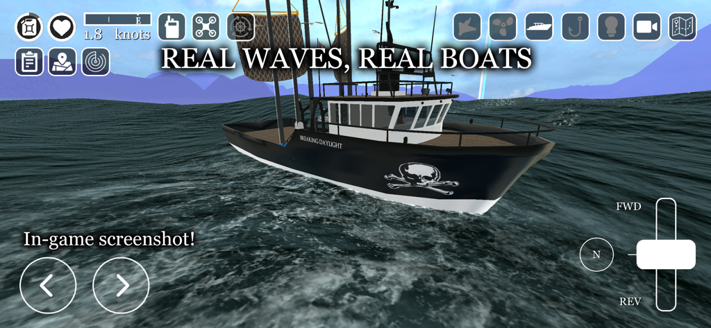 Gameplay screen of uCaptain showing a fishing boat sailing on choppy ocean water.