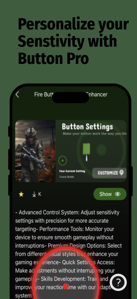 Interfaz de la aplicación Fire Button Pro mostrando ajustes de botones y características de mejora de juegos