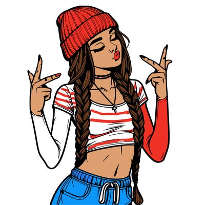 realistic teenage girl with braids and a beanie and crop top doing 🫶🏼