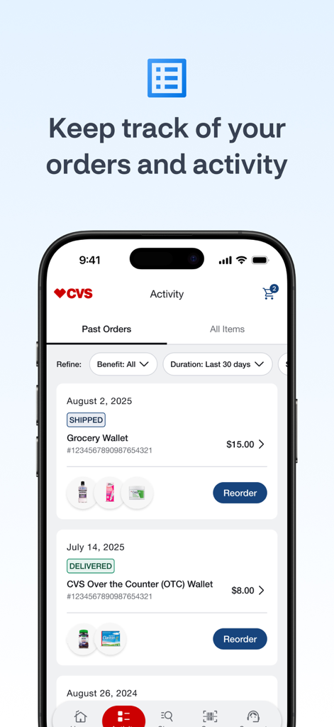 OTC Health Solutions app displaying past orders and shipping status on a smartphone screen