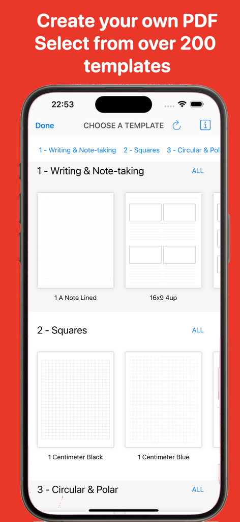 Screen showing a variety of document templates including writing and grid paper options in the PDF Fill Pro app