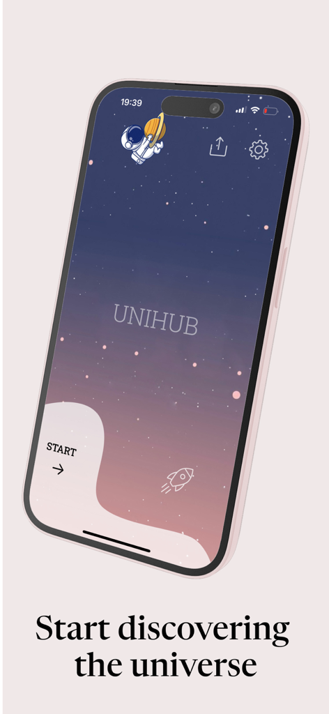 UniHub: Quiz & Trivia Quest - A smartphone showing the welcome screen of the UniHub trivia app with a space theme and a start button