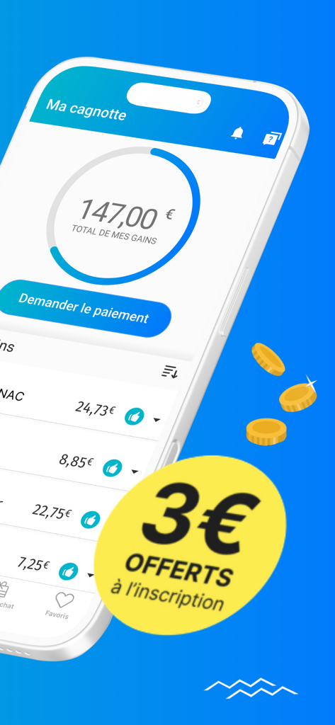 Poulpeo Cashback & Code promo - Interface da aplicação móvel Poulpeo mostrando ganhos totais de cashback e uma oferta de bónus de inscrição de três euros