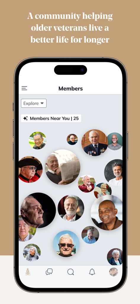 Old Comrades - Mobile app screen showing a directory of older veteran members in the Old Comrades community