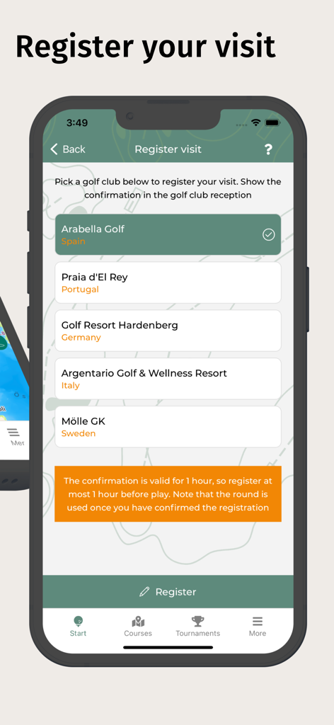 Interfaz de la aplicación Golfamore que muestra la pantalla de registro de visita con una lista de campos de golf internacionales