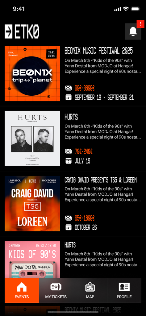 ETKO — Events & Tickets - ETKO app screen displaying a list of upcoming music events and festivals with ticket prices and dates