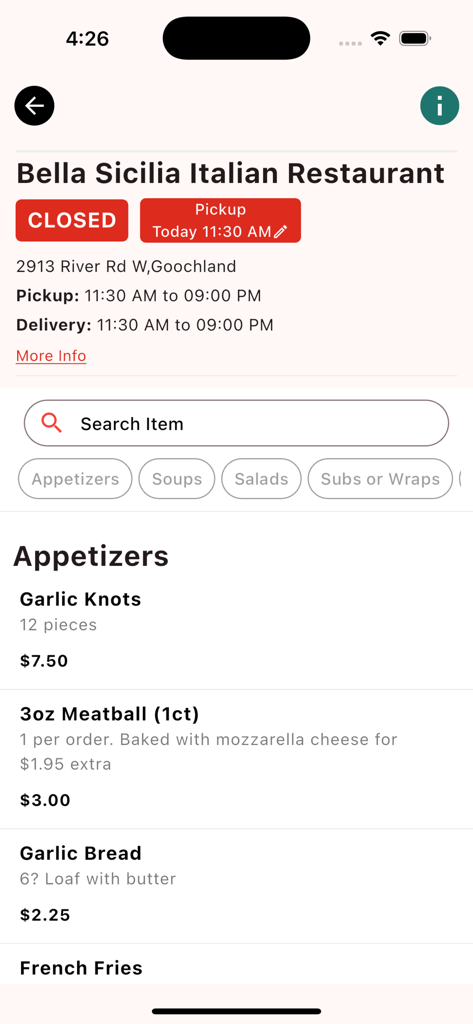 Bella Sicilia - Restaurant - Menu screen of the Bella Sicilia Italian Restaurant app showing appetizer options like garlic knots and meatballs