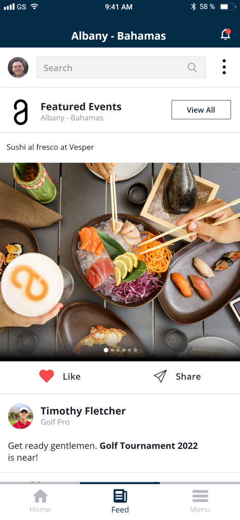 Albany Bahamas - El feed de la aplicación para miembros de Albany Bahamas que muestra eventos gastronómicos de lujo y actualizaciones de torneos de golf.