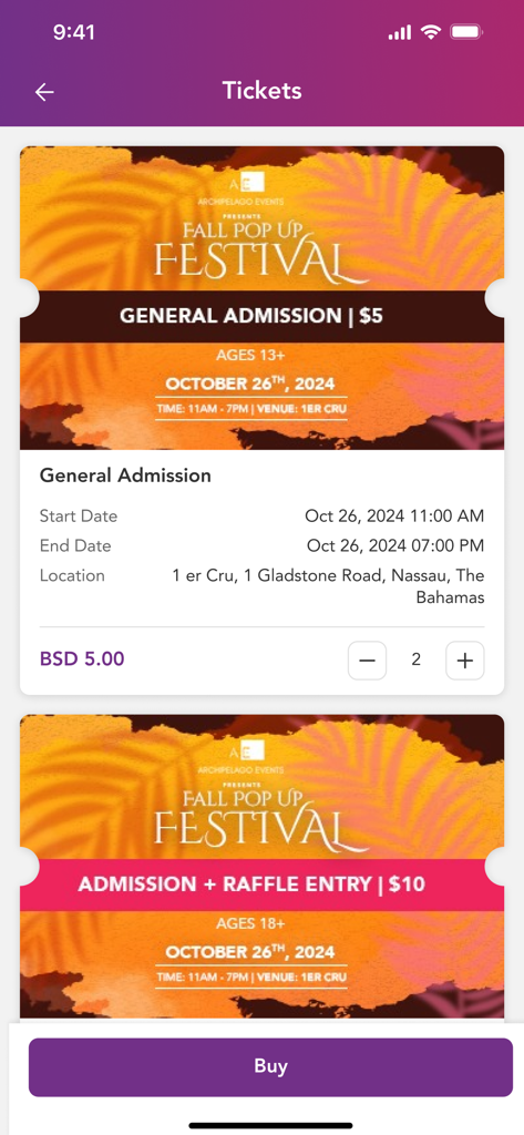 Pantalla de la aplicación móvil Kanoo que muestra opciones de boletos para el Festival Otoñal Pop Up en Nassau, Bahamas