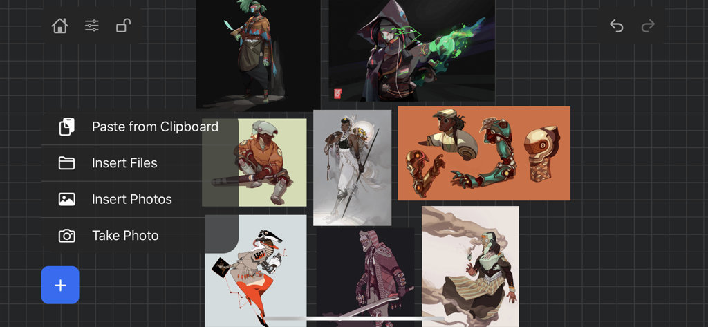 VizRef Lite app interface showing a mood board of digital character art with an import menu overlay
