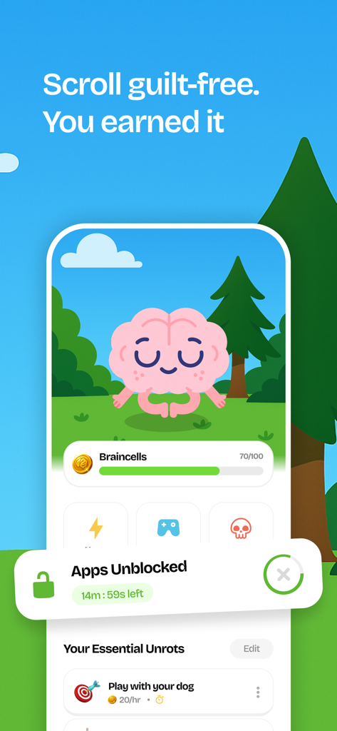 Unrot app interface showing a meditating brain mascot and a timer for unblocked screen time