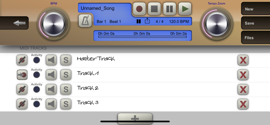 Colossus Piano - Interfaccia del registratore MIDI di Colossus Piano con sequenziamento multitraccia e controlli di trasporto