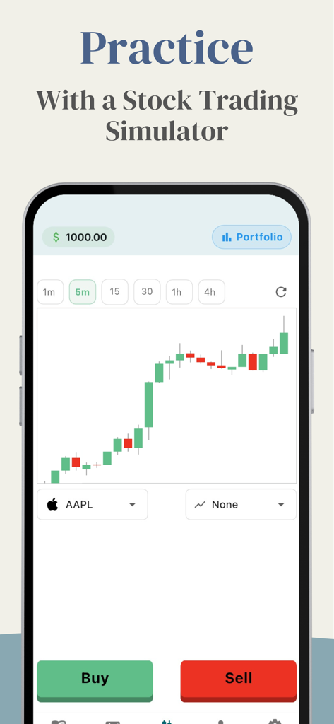 Écran d'iPhone montrant un simulateur de trading d'actions avec un graphique en chandeliers et des boutons d'achat et de vente