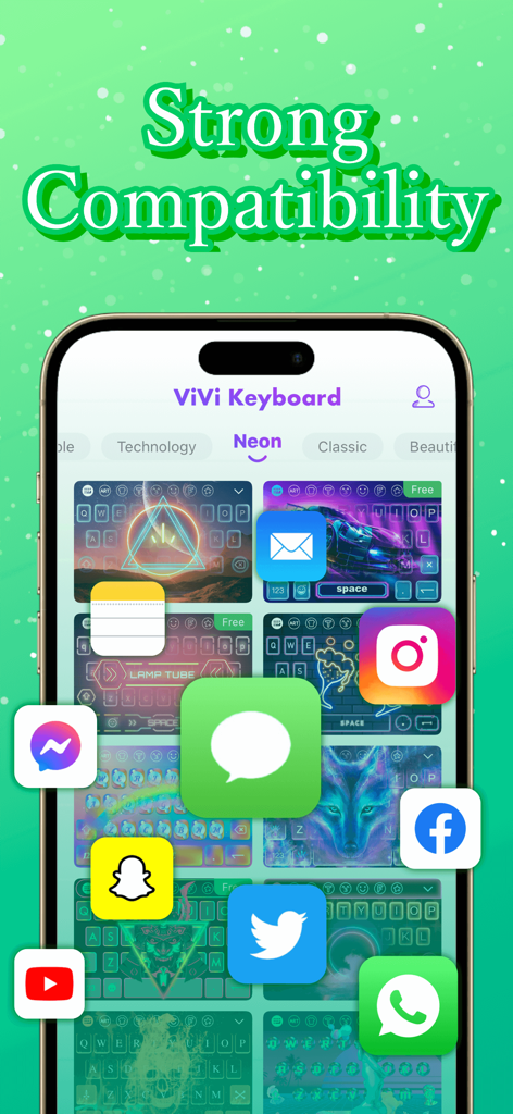 ViVi Keyboard: Theme & Chatbot - Interfaz de ViVi Keyboard mostrando temas de neón y compatibilidad con aplicaciones populares de redes sociales.