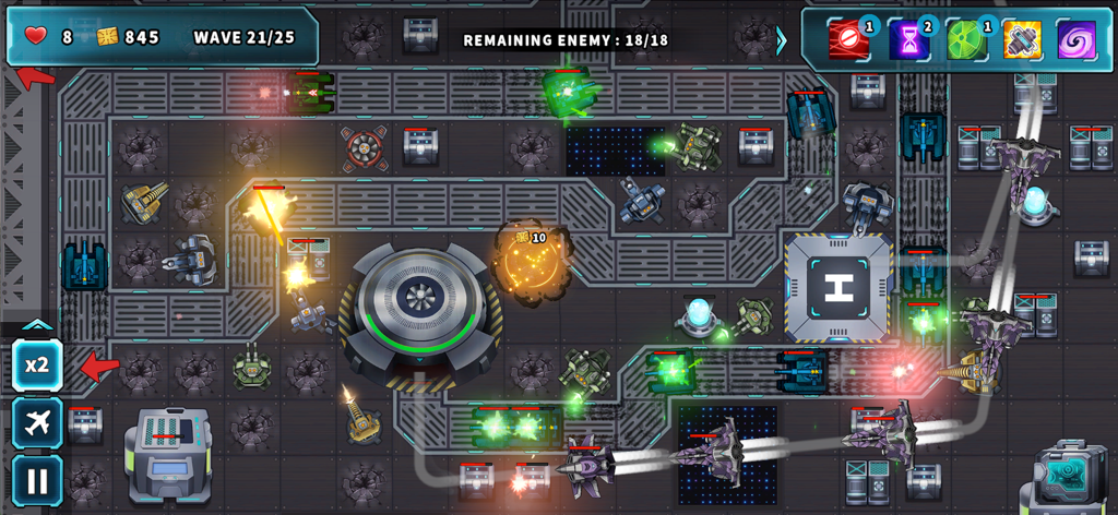 Tower Defense Rush - Sci-fi tower defense gameplay with turrets and enemy waves in a space base