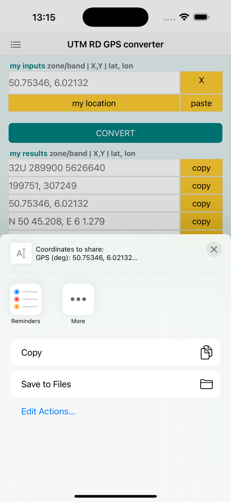 Ein Screenshot der UTM RD GPS Koordinaten-Umrechner-App, die das Freigabemenü für konvertierte Koordinaten auf einem iPhone zeigt.