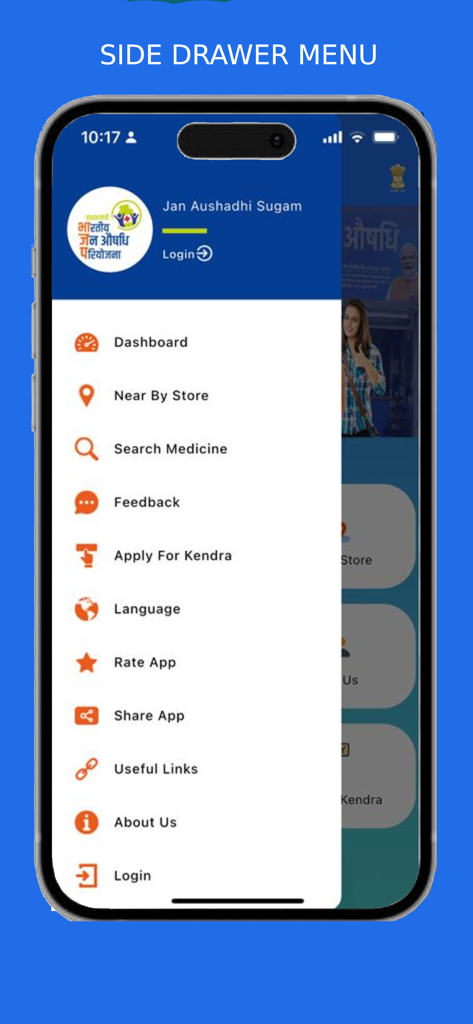 Jan Aushadhi Sugam (PMBI) - Jan Aushadhi Sugam app side drawer menu with options for finding stores and searching medicines