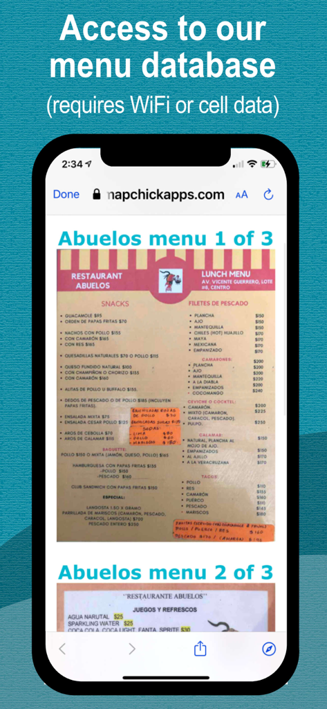 MapChick's Isla Mujeres - Mobile screen showing a restaurant menu for planning dining in Isla Mujeres