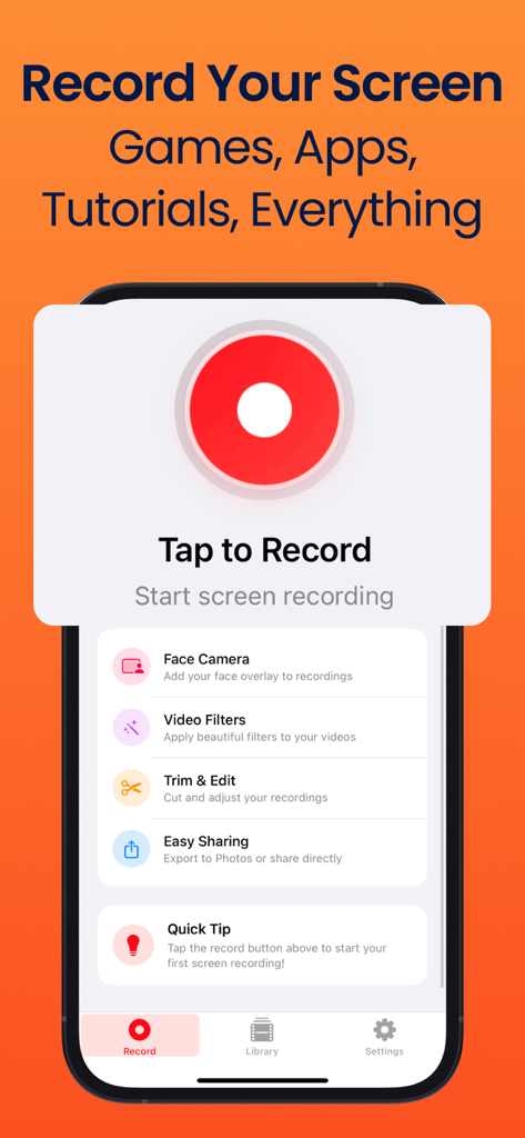 Screen Recorder: Record Video - iPhone screen recorder app interface featuring a large red record button and editing tools like face camera and video filters.