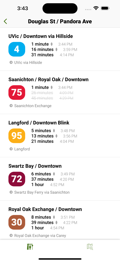 Victoria Transit (BC) - Victoria Transit app showing live bus departure times for various routes at a Douglas Street stop.