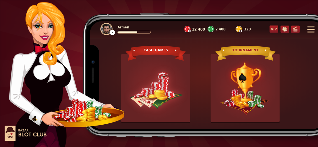 Bazar Blot Club - Bazar Blot Club game interface showing the main menu with cash games and tournament modes alongside a dealer character