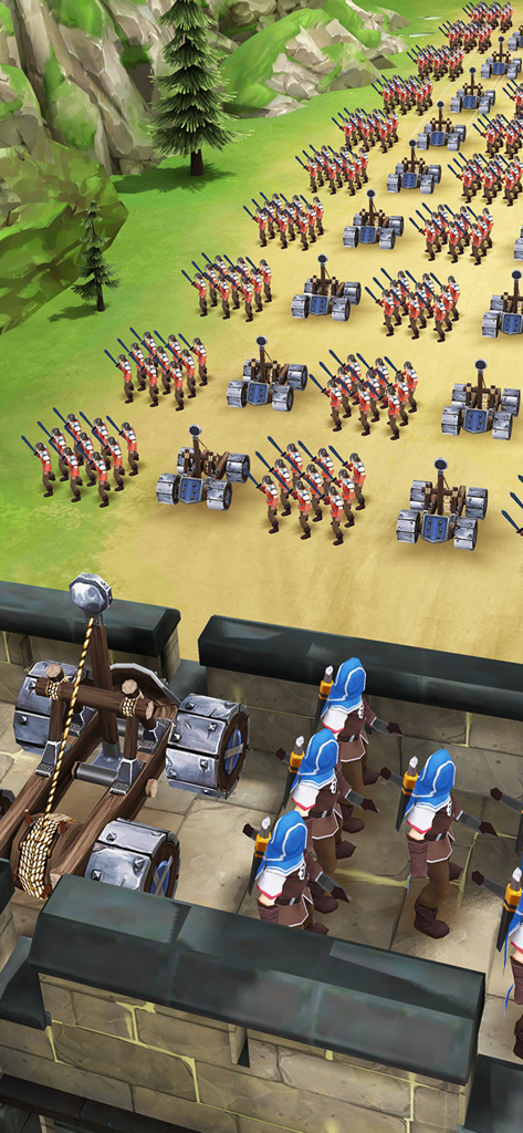 Kingdom Clash：Medieval Defense - Armée médiévale avec des rangées de soldats et des catapultes déployées sur un terrain herbeux pour la bataille