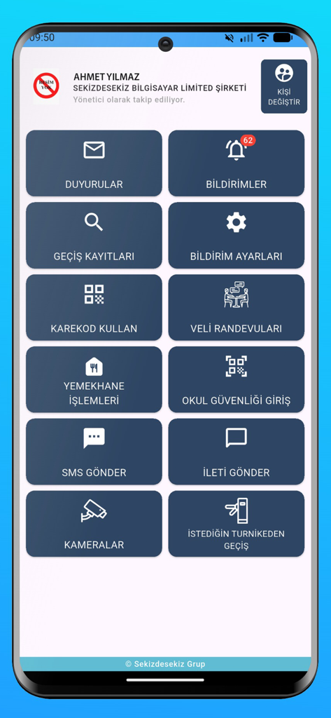 Okul Güvenliği - Dashboard of the Okul Guvenligi school security app showing menu options for notifications, QR codes, and entry records
