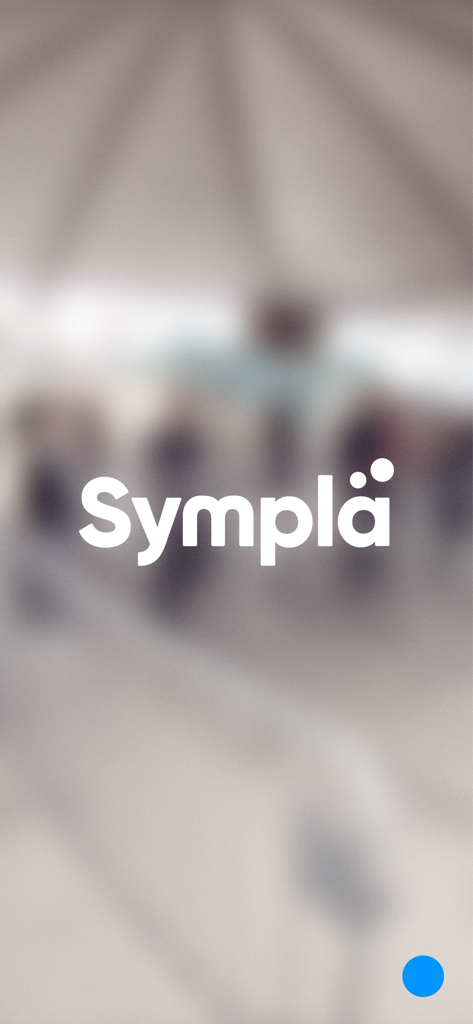 Sympla Organizador app splash screen displaying the company logo over a blurred background of an event venue