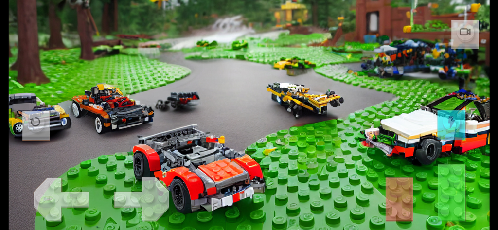 Coches de juguete de ladrillos corriendo y chocando en un entorno de bosque verde de bloques