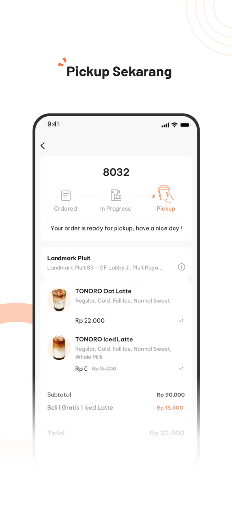 Tomoro Coffeeアプリからのモバイル画面。ピックアップ準備完了の注文とコーヒー飲料のリストが表示されています。