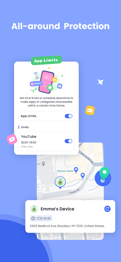 AirDroid Parental Control interface showing app time limits for YouTube and real-time GPS location tracking on a map