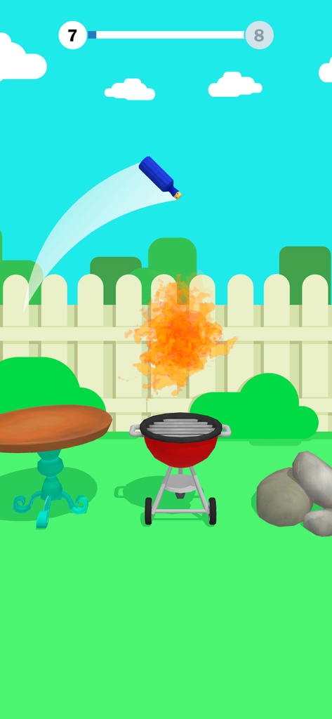A blue bottle flipping through the air over a grill in a backyard setting in the Bottle Flip 3D game