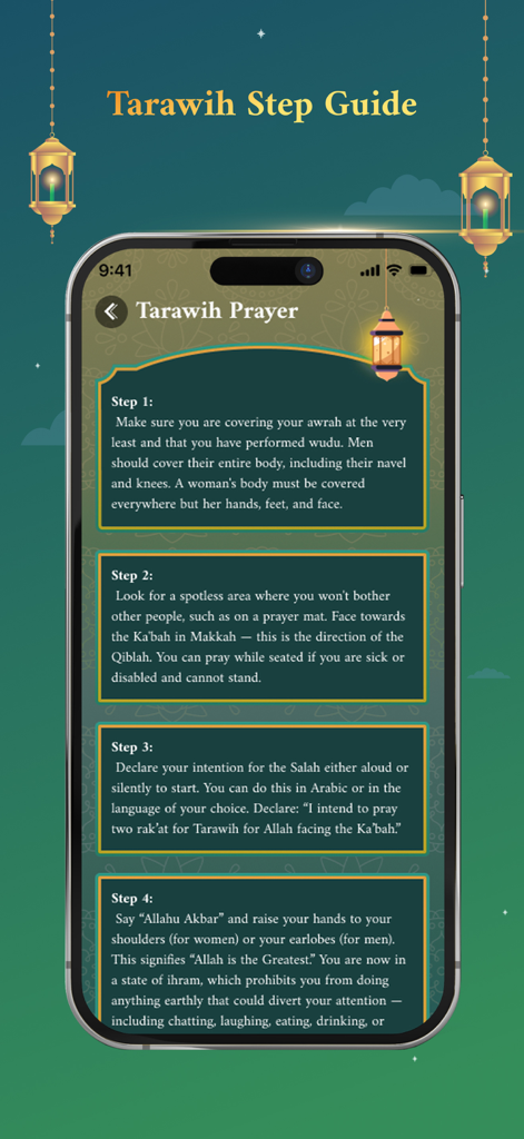 Muslim: Quran & Prayer Time - Step by step guide for performing Tarawih prayer on a mobile app interface