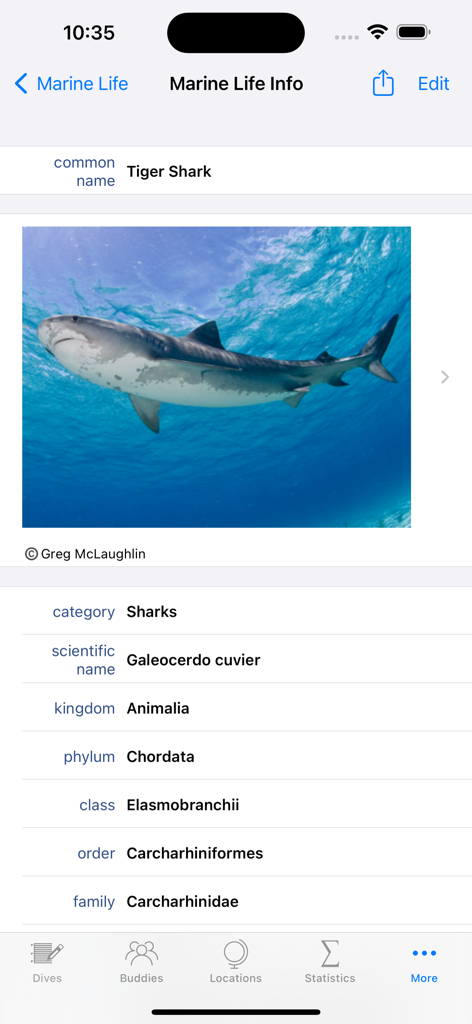 Dive Log - Screenshot of the Dive Log app showing marine life information and scientific classification for a Tiger Shark
