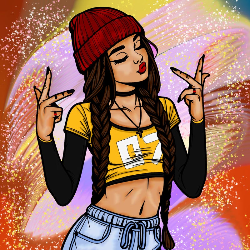 realistic teenage girl with braids and a beanie and crop top doing 🫶🏼