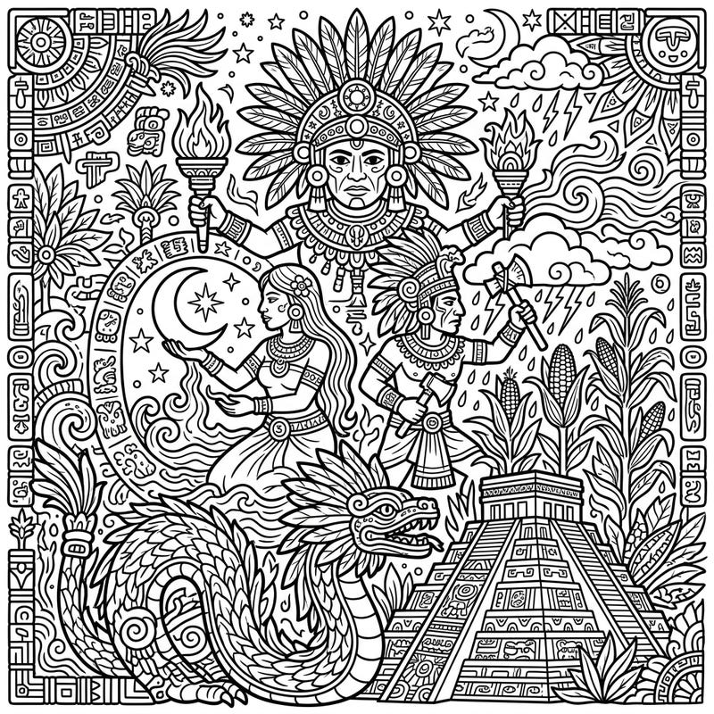 Immerse yourself in the captivating mythology of ancient Mesoamerica with this exquisite coloring page featuring powerful Mayan Gods and Goddesses. Discover a world of deities, feathered serpents, and grand pyramids, ready for your creative touch.
