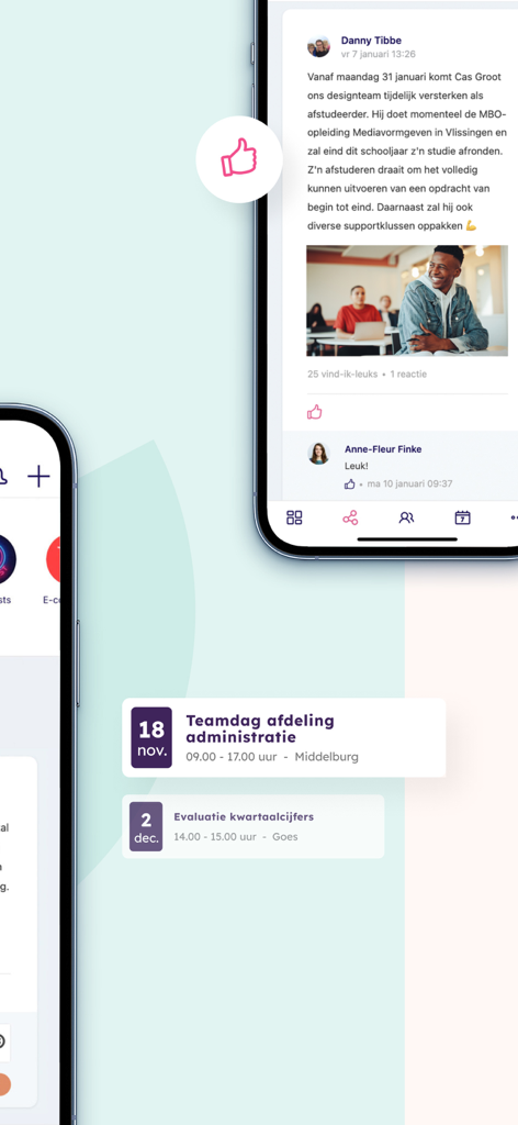 Teamly - Mobile interface of the Teamly app showing a company social feed and upcoming team calendar events.