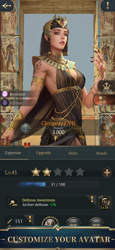 Cleopatra VII hero avatar customization screen in War Eternal
