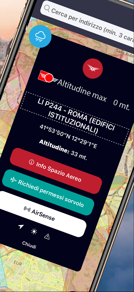Smartphone screen displaying D-Space app with drone flight restrictions and airspace data for Rome