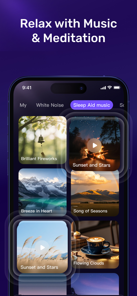 A mobile interface for MySleep app showing a library of relaxing music and meditation sounds including white noise and sleep aids.