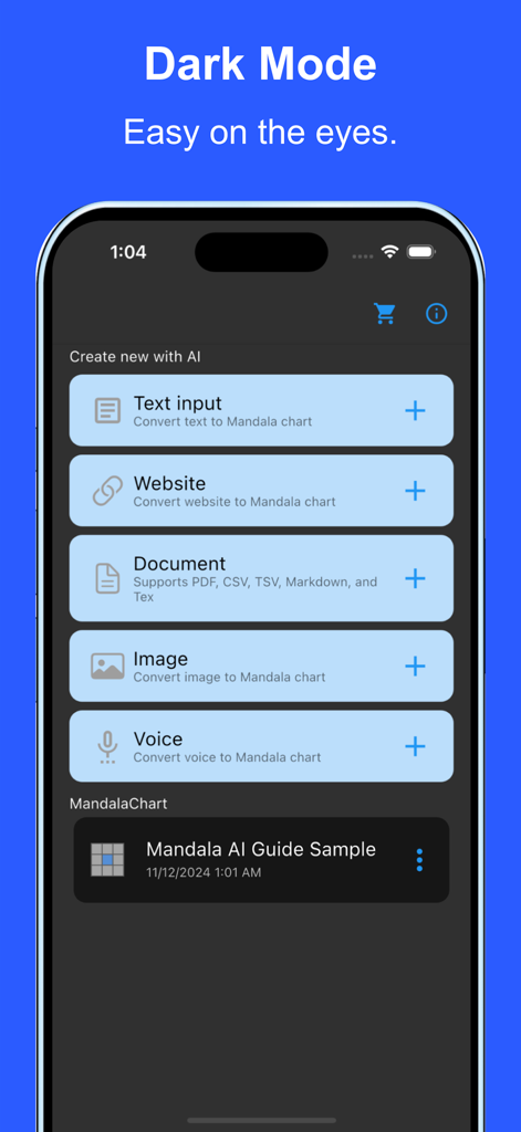 Mandala AI - Mandala AI App-Screenshot, der die Dark-Mode-Oberfläche und KI-Diagrammerstellungsoptionen aus mehreren Eingabequellen zeigt.