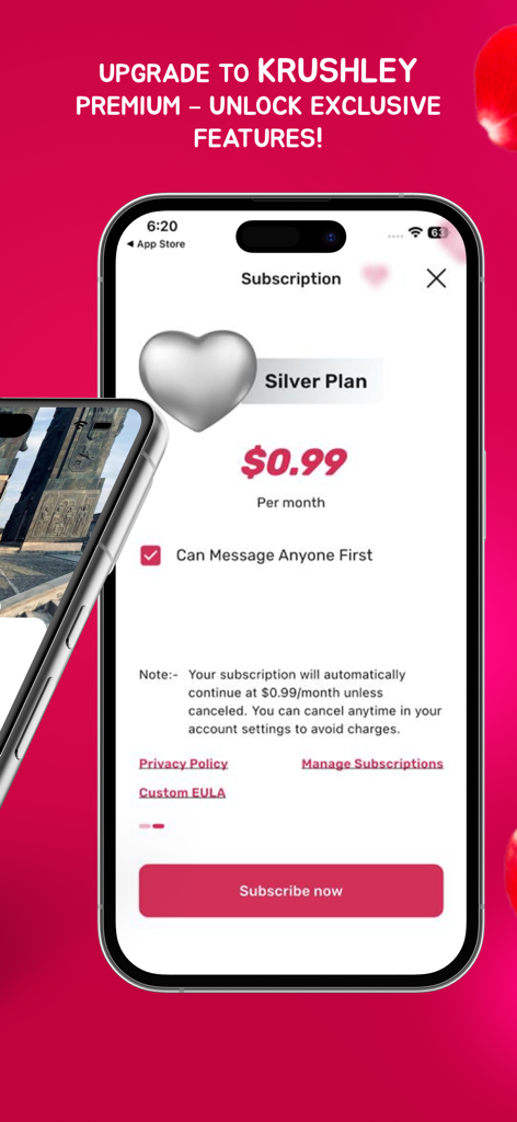Krushley: AI Dating - Krushley dating app premium subscription screen for the silver plan showing price and the message anyone first feature.