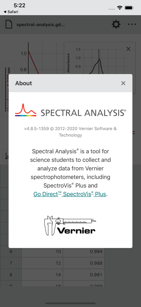 Vernier Spectral Analysis - About screen for the Vernier Spectral Analysis app showing information for science students and spectrophotometer compatibility