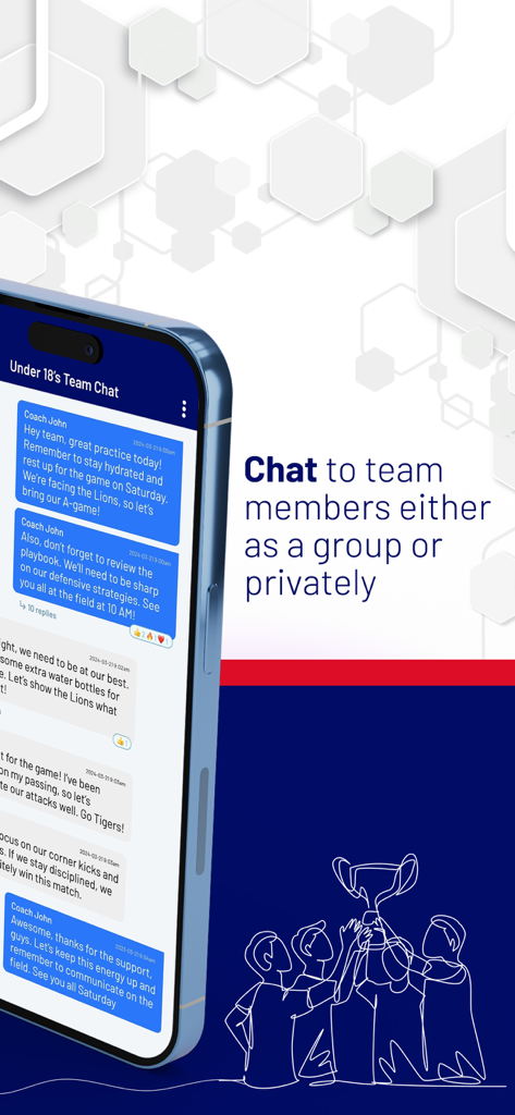 Stack Team Appのモバイルインターフェース。コーチからのメッセージを含むスポーツチームのチャットを表示。.