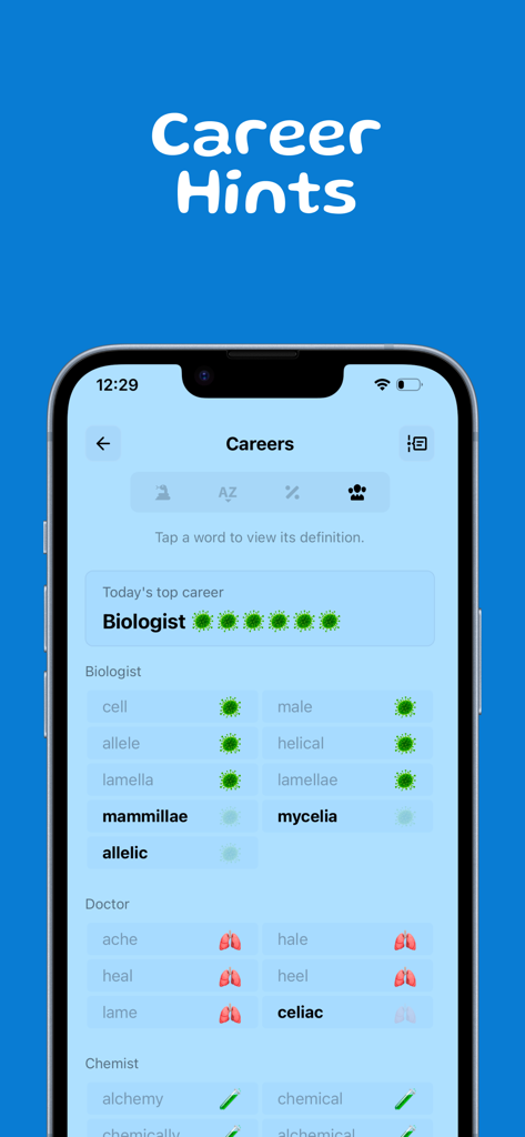 Bloobi - Interface of the Bloobi word game showing career themed hints and word lists