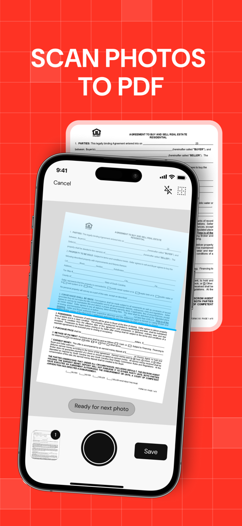 Una interfaz de aplicación móvil escaneando un contrato inmobiliario para convertirlo en un archivo PDF.