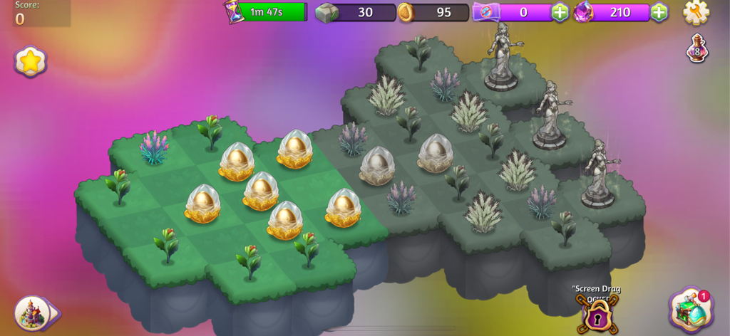 Gameplay scene from Merge Magic Princess featuring spirit eggs on a floating magical island