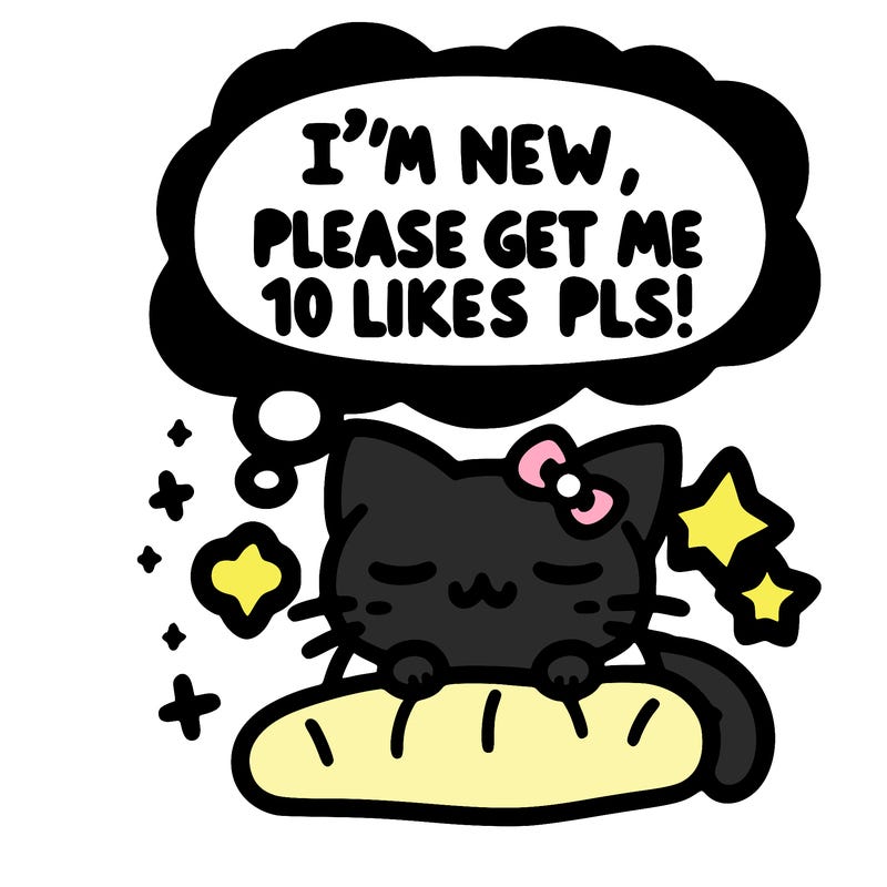 kitty taking a nap dream talking and saying "i'm new, please get me at least 10 likes pls!!"